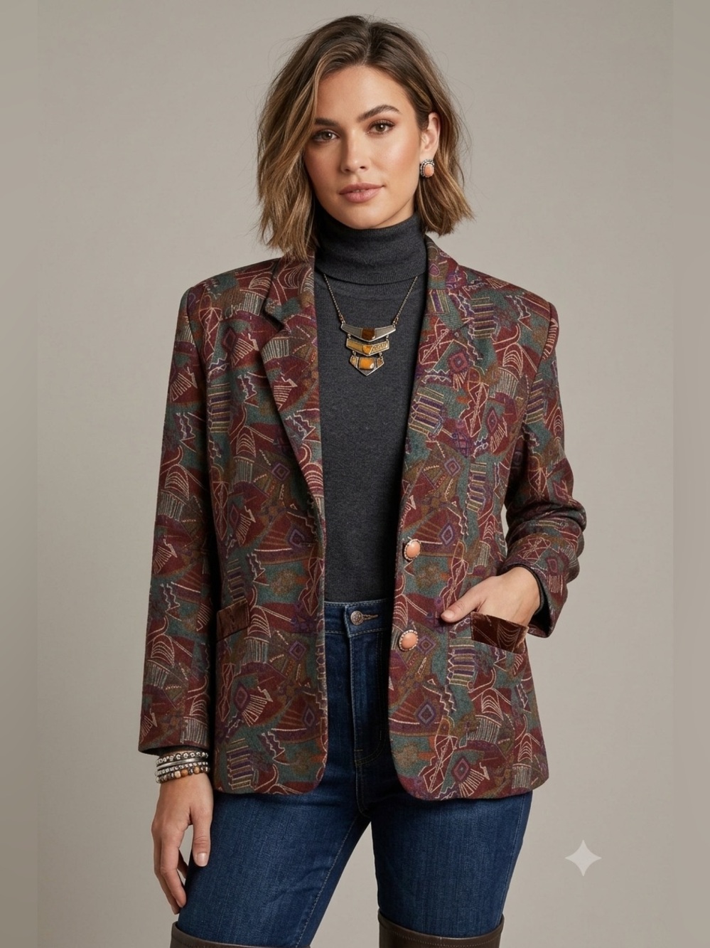 Top Lady Fashion Blazer Jacket Sz 11 Abstract Geometric, Corduroy Texture 80’s